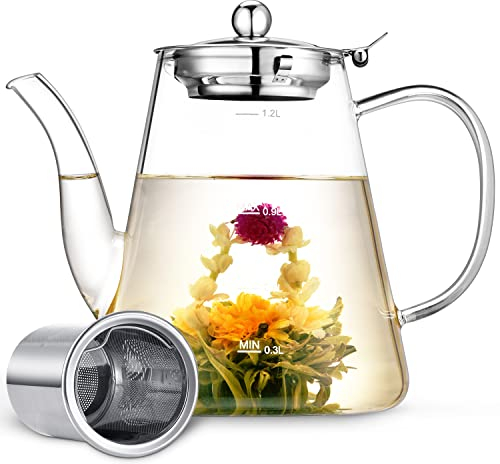 Glass Teapot with Infuser, 1200ml Tea Pot with Removable Strainer for Loose Leaf Tea and Blooming Tea, Stovetop Safe Tea Kettle, Hand Crafted Borosilicate Glass Tea Maker with Scale Line, Tea Gift Set
