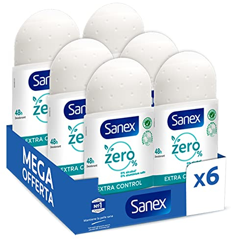 SANEX - Déodorant à Bille 0% Extra Control - Déodorant Homme & Femme - Efficacité 48h - Sans Alcool, Sans Sels d'Aluminium - Lot de 6 Roll-On de 50mL