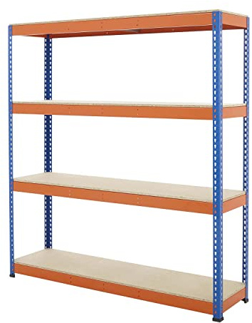 BiGDUG Heavy Duty Shelving Unit – 4 Tier Industrial Steel Racking – 198cm x 244cm x 91.5cm – 1600kg Capacity Per Bay – 400kg Per Shelf – Blue & Orange