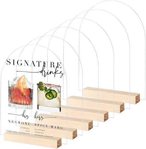 JINMURY 20.3x25.4 cm Bogen-Acrylschild mit Holzständer, 6 Stück, klare, gewölbte Acrylplatten mit Ständer, DIY-Bogen-Acrylschild blanko für Hochzeitsschild, Menüschild