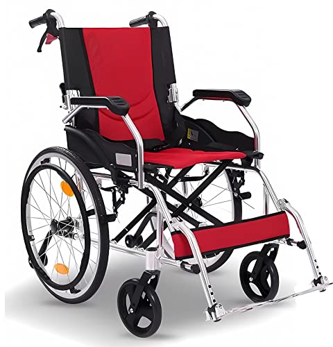 Bueuwe Ultraleichter Rollstuhl Faltbar Leicht Reiserollstuhl, Rollstühle mit Selbstantrieb, Trommelbremse, Einstellbares Fußstützen, Belastbarkeit 125 kg, Sitzbreite 45 cm,Rot