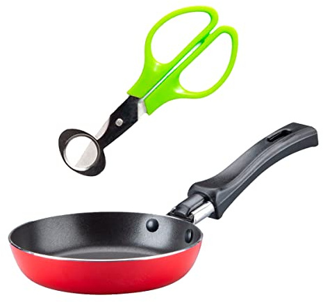 Fackelmann Set Tijeras para Huevos de Codorniz, corta la cáscara sin esfuerzo, incluye Mini Sartén Antiadherente de Aluminio 12 cm diámetro especial para huevos