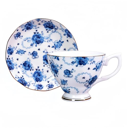 LanHong 6 Ounces Tea Cup and Saucer Set Floral Tea Coffee Cup with Saucer Bone China Teacup and Saucer Set Gift for Mom Friend Tea Party