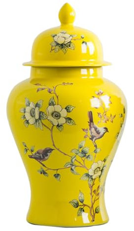 ZHOUXIAO Jarrones De Cerámica Frasco De Jengibre con Tapa para La Decoración del Hogar, Amarillo De Aves De Flores Grandes Jarrones De Sien De Frasco Tradicional Jarrones De S