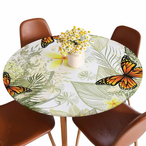 Guxxuil Butterfly Flower Round Fitted Tablecloth Gentle Vintage Botanical Hydrangea Garden Yellow Elastic Edge Tablecloth Waterproof Oilcloth Table Cover for 40-44