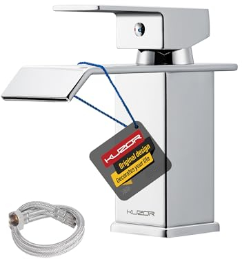 KUZOR 1PC Stainless Steel Mixer Tap with G1/2 UK Standard Water Hoses - Modern Waterfall Single Lever Sink Faucet for Bathroom/Basin/RV/Vanity - Height 5.55in, Weight 1.43 lbs - Chrome