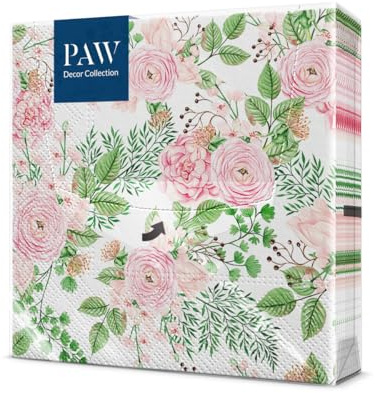 PAW - Serviette Papier 3 Plis (33 x 33 cm) I Lot de 20 I Parfait pour les Anniversaires, les Partys, les Mariages, la Kommunion et les Célébrations I Décoration de Table - Fleurs de Cynorrhodon