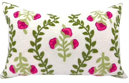 Alysheer Flower Embroidered Summer Decorative Lumbar Throw Pillow Cover 12x 20, Farmhouse Cottage Hot Pink Floral Green Leaves Patterned Cotton Canvas Cushion Case for Sofa Couch Bed Living Room