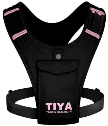 TIYA Running Vest Phone Holder | Waterproof Smartphone Pouch | Zero Bounce | Ultra Lightweight | Reflective | Shoulder Pocket for Keys, Cards & Gel | Adjustable | Men & Women | Black/Pink