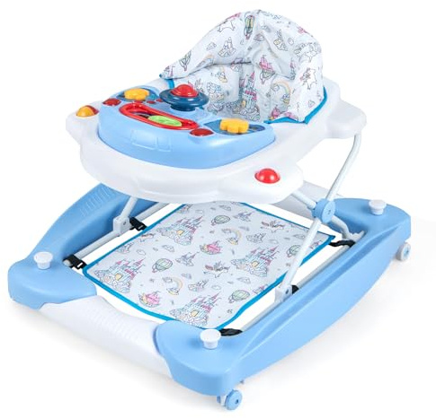 COSTWAY 6 in 1 Girello per Bambini, Passeggino Primi Passi con Altezza Regolabile, Girello Convertibile Pieghevole con Vassoio Rimovibile Musicale Giocattolo, per Bambini 6+ Mesi (Blu)