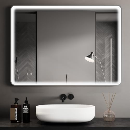 Clevich Badspiegel mit Beleuchtung 70 x 50 cm, Superheller COB LED Lichtstreifen, Aluminiumrahmen, 3 Lichtfarben, Dimmbar, Anti-Beschlag, Memory-Funktion, Badezimmerspiegel Wandspiegel mit Litch