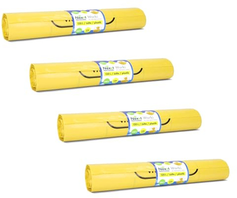 Emerson 80 bolsas de basura resistentes a la rotura, amarillas, amarillas, extrafuertes, paquete de 4 rollos amarillos, 120 l de capacidad de 70 x 105 cm, bolsas de basura estables de lámina reciclada