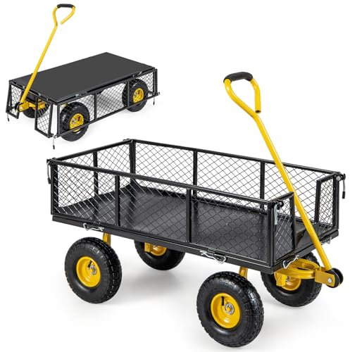 COSTWAY 3 in 1 Utility Garden Cart, 400kg Steel Gardeners Wagon Flatbed with 180° Rotating Handle, Removable Sides, Detachable Rubber Mat & Pneumatic Tyres, Hauling Outdoor Trolley