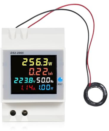 Geevorks Medidor de Energía Monofásico,Medidor de Energía Digital,6 en 1 Contador de Energía,D52-2065,CA 250 V ~ 450 V, 100 A,Pantalla LCD Color, Montada en Carril
