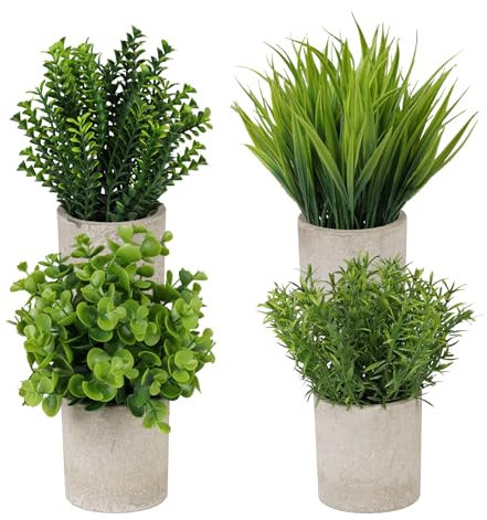 ilauke Potted Artificial Plants Indoor, 4 Pcs Fake Plants, Mini Faux Plants, Decorative Artificial Plant in Pots Fake House Plant for Office Balcony Desk Bathroom Garden