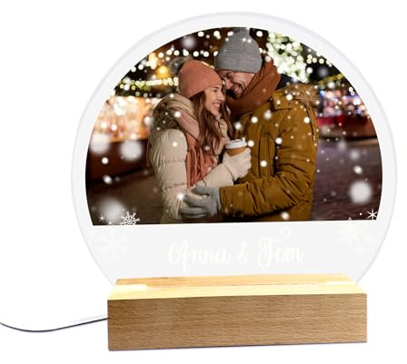 Personalisierte LED-Fotolampe mit rundem Rahmen, Holzsockel (Foto Winter)