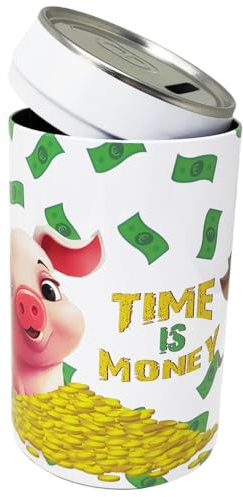 Spardose Weißes Schwein Time Is Money aus Metall, zum Öffnen, 16 x 8 cm
