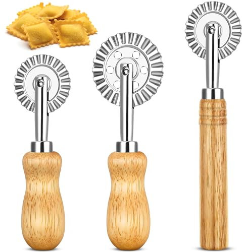 NINGYER 3 Pezzi Rotella Tagliapasta, Viene Fornito con Manico in Legno Rotella per Ravioli, Rotella Taglia Ravioli per Cucina, Panetteria e Campeggio (Tre Misure)