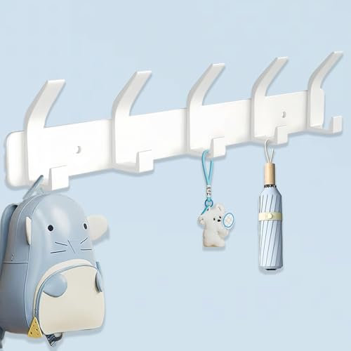 QMAHA Wandhaken mit 5 Haken, robust, aus Metall, für Mantel, Kleiderhaken, zum Aufhängen von Handtüchern, Hüten und Handtaschen (weiß)