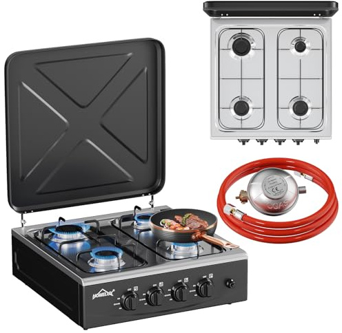 HOMELUX Campingkocher, 4 Flammig Gaskocher | 6,2 KW Gaskochfeld mit 1,5M Anschlussschlauch und Druckminderer 50 mbar
