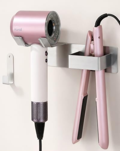 Bowyune Föhn Halterung für Haartrockner und Glätteisen, Edelstahl Fönhalter Ohne Bohren, Fönhalter Wand Ohne Bohren, Föhn und Glätteisen Halterung Bohren für Bad Barbershop Hotel Silber