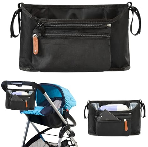 CUVZORA Momcozy Organiseur universel pour poussette - Sac suspendu en forme de U avec porte-gobelet pour poussette - Accessoires de poussette - Grande capacité - Sac de poussette Momcozy - Noir