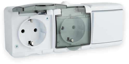 Interruptor de Montaje en Superficie 2 Vías con Tapa de Vidrio Ahumado | IP44, 230V, 16A, Interruptor Basculante, Toma de Corriente