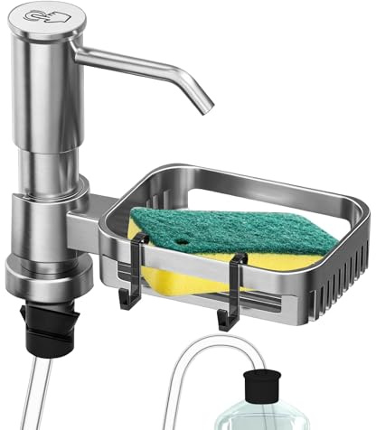 Dispensador de Jabón Bajo Encimera,Dispensador Jabon Cocina,Dispensador De Jabón De Manos De Aluminio Empotrado para Cocina con Cesta De Drenaje Giratoria De 360° y Tubo Extensible De Silicona De 1 m