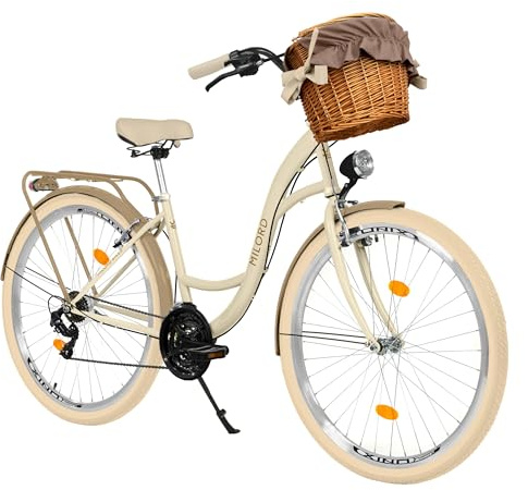 MILORD Damenfahrrad Citybike Komfort Mit Weidenkorb Hollandrad Vintage Fahrrad, 26, 28 Zoll, 21-Gang (Creme-Braun, 28 Zoll)