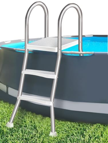 Steel Pool Ladder for Above Ground Pools, Double-Sided with Non-Slip Steps and Rotating Feet, Supports Up to 250kg