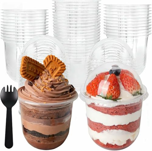 YUTRONE 100PCS Dessert Cups with Lids and Spoons 360ml Plastic Cheesecake Pots 12oz Desserts Cup Reusable Clear Serving Dessert Bowls for Cakes Pudding Yogurt Fruit Mousse Ice Cream