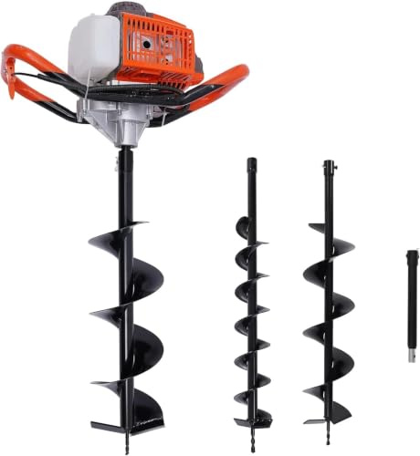 Tarière à essence 52 CC avec 3 embouts de perçage Ø 100/150/200 mm, foreuse à terre, perceuse à moteur, avec fenêtre de contrôle d'huile, jardin, clôture, agriculture, forestière | Moteur 52 cc, 3