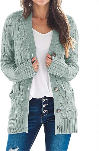 MEROKEETY Women's 2025 Fall Long Sleeve Cable Knit Cardigan Sweater Open Front Button Loose Outerwear Sage