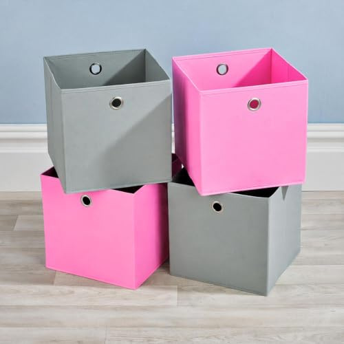 Home Source Cube Storage Boxes, 4 Pack Collapsible Fabric Storage Baskets, 27cm Foldable Organising Boxes for Cube Units, Shelves, Wardrobes & Bedrooms, 2 Dusky Pink & 2 Grey