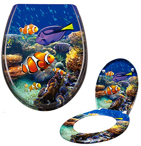Asina WC Sitz mit Absenkautomatik und Fix-Clip Befestigung Einfache Montage Oval WC-Deckel Duroplast Toilettensitz(Bunter Zierfisch)