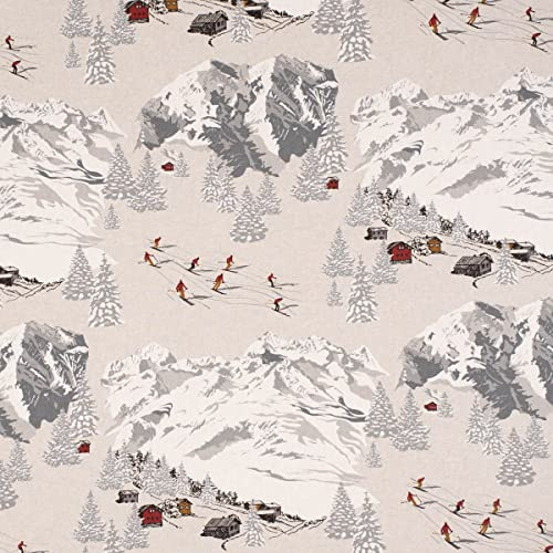 SCHÖNER LEBEN. Dekostoff Halb-Panama Skifahrer Winterlandschaft Natur grau 155cm