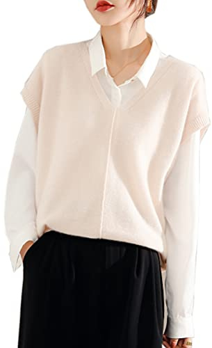 Wenwenma Chaleco de mujer de Cachemira para cuello en V sin mangas, beige, XL