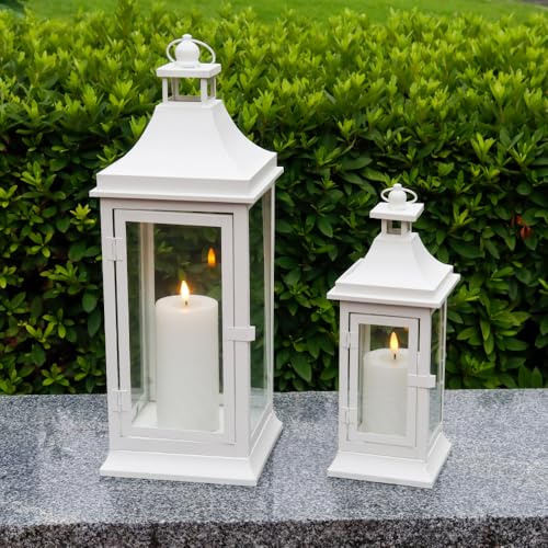 JHY DESIGN Set of 2 50cm & 33cm Tall Outdoor Candle Lanterns Vintage Hanging Tower Canldesticks Metal Holder for Garden Living Room Indoor Parties Weddings Balcony(White)