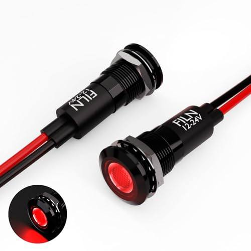 FILN 2PCS 12mm (1/2) Red LED indicator Light Waterproof Metal Signal Lamp 5V 12V 24V IP67 Pilot Dash Head for Car Industrial equipment Light (12V-black shell Red 2PCS)
