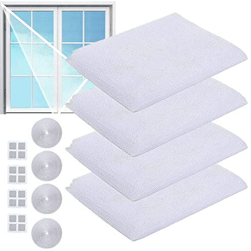 4 Pezzi Zanzariere per Finestra Anti-Zanzariera 1.5 m x 1.3 m Zanzariera per Finestra Anti Insetti con 4 Nastri Autoadesivi e 4 Tamponi di Riparazione