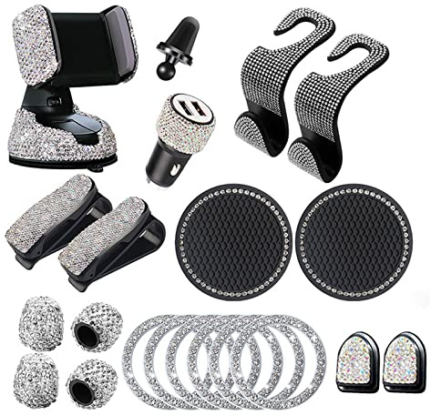 hifrom 20 Stück Bling Auto Zubehör Innenraum Frauen Glitzer, Bling Autozubehör Bling Car Accessories Brillenhalter für Frauen, Bling Handyhalterung, Bling Zündring, Bling Auto Haken