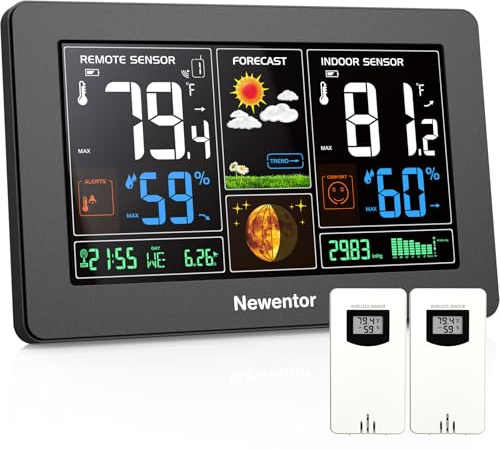 Newentor Weather Station Wireless Indoor Outdoor Thermometer, Color Display Digital Weather Thermometer with Atomic Clock, Barometric Pressure, Forecast Station with Adjustable Backlight,Black,2Sensor