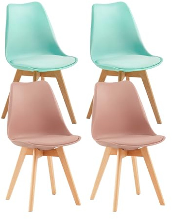 H.J WeDoo 4er Set Skandinavische Esszimmerstühle, Design Küchenstühle mit Kissen, Massives Buchenholz,2Mintgrün+2Rauchrosa