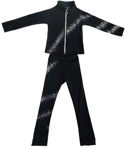 Youthful flying Eiskunstlauf Jacke mit Hose für Damen und Mädchen Skating Training Anzug mit Spirale Strass Fleece Gefüttert(Size:3XL,Color:Schwarz)