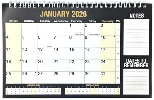 PaulStore 2026 Month to View Desktop Planner Calendar for Home Office and School Use Black & White Spiral Bound Free Standing