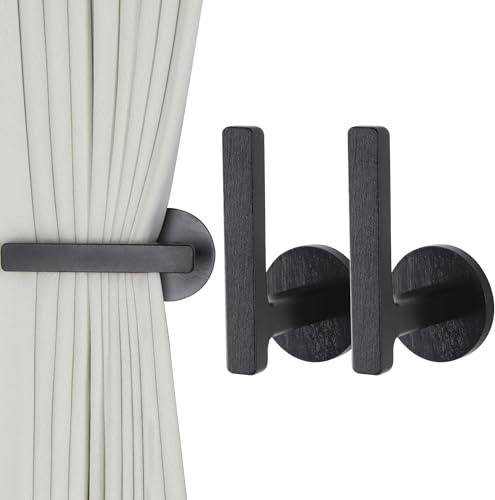 OCIOLI 2 Pieces of Wooden L Shaped Curtain Hooks, Self Adhesive Curtain Holdbacks (Black)