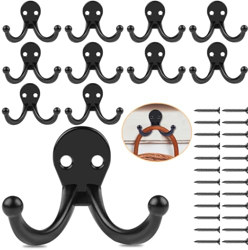 Gicare 12 Stück Kleiderhaken Wand, Garderobenhaken Schwerlast Doppelt Wandhaken, Schwarz Vintage Metall Wand Haken zum Schrauben Jacken Haken für Garderobe Badezimmer Küche
