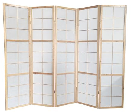 Paravent Japonais Bois Naturel, séparateur de pièce 5 pans - Hauteur 175 cm x Longueur 220 cm -PEGANE-