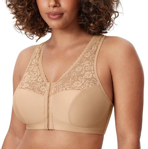 Delimira Women's Front Fastening Bras Lace Wireless Plus Size Full Coverage Racerback Support Bra Warm Beige 40G