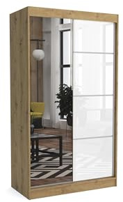 Brent - Kleiderschrank mit Spiegel Suzan, 100cm Breit, Schlafzimmerschrank mit 1 Kleiderstange und Einlegeböden für Kleidung, Kleiderschrank Artisan Eiche/Weiß Hochglanz
